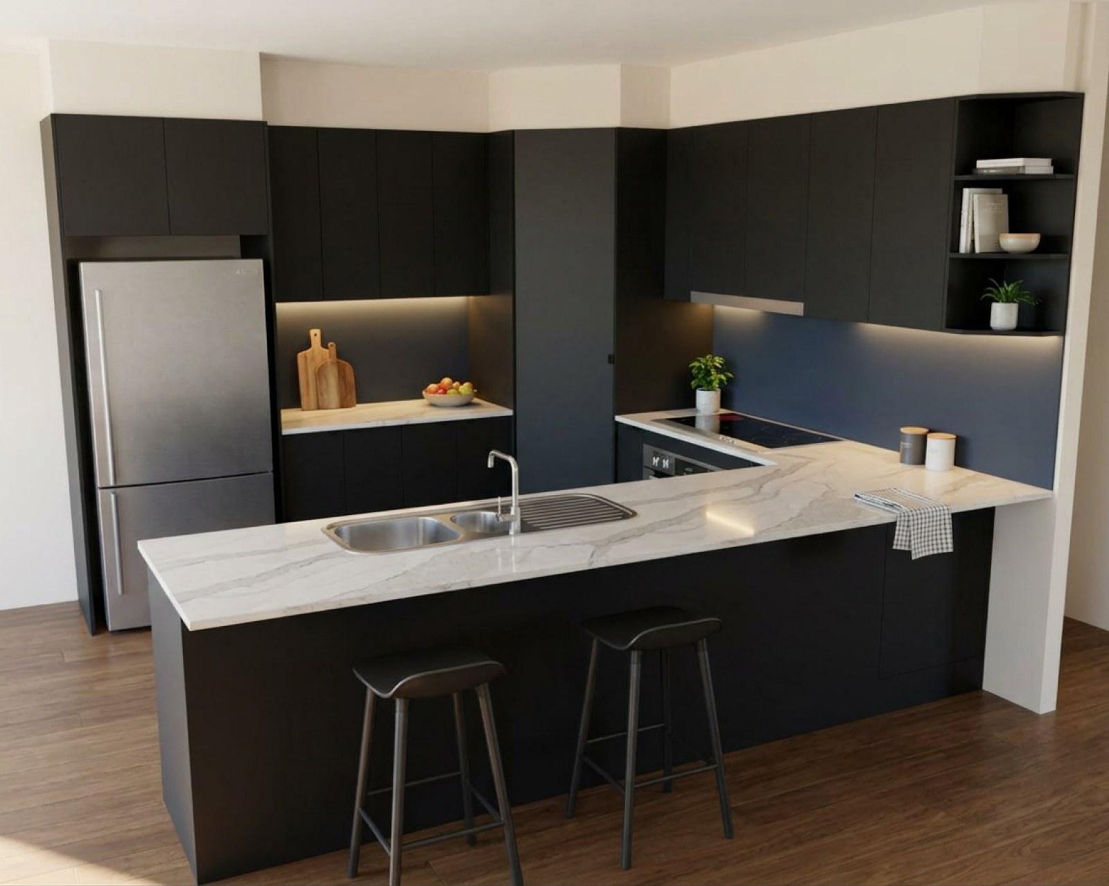 A kitchen render with matte black cabinets and the splashback in navy