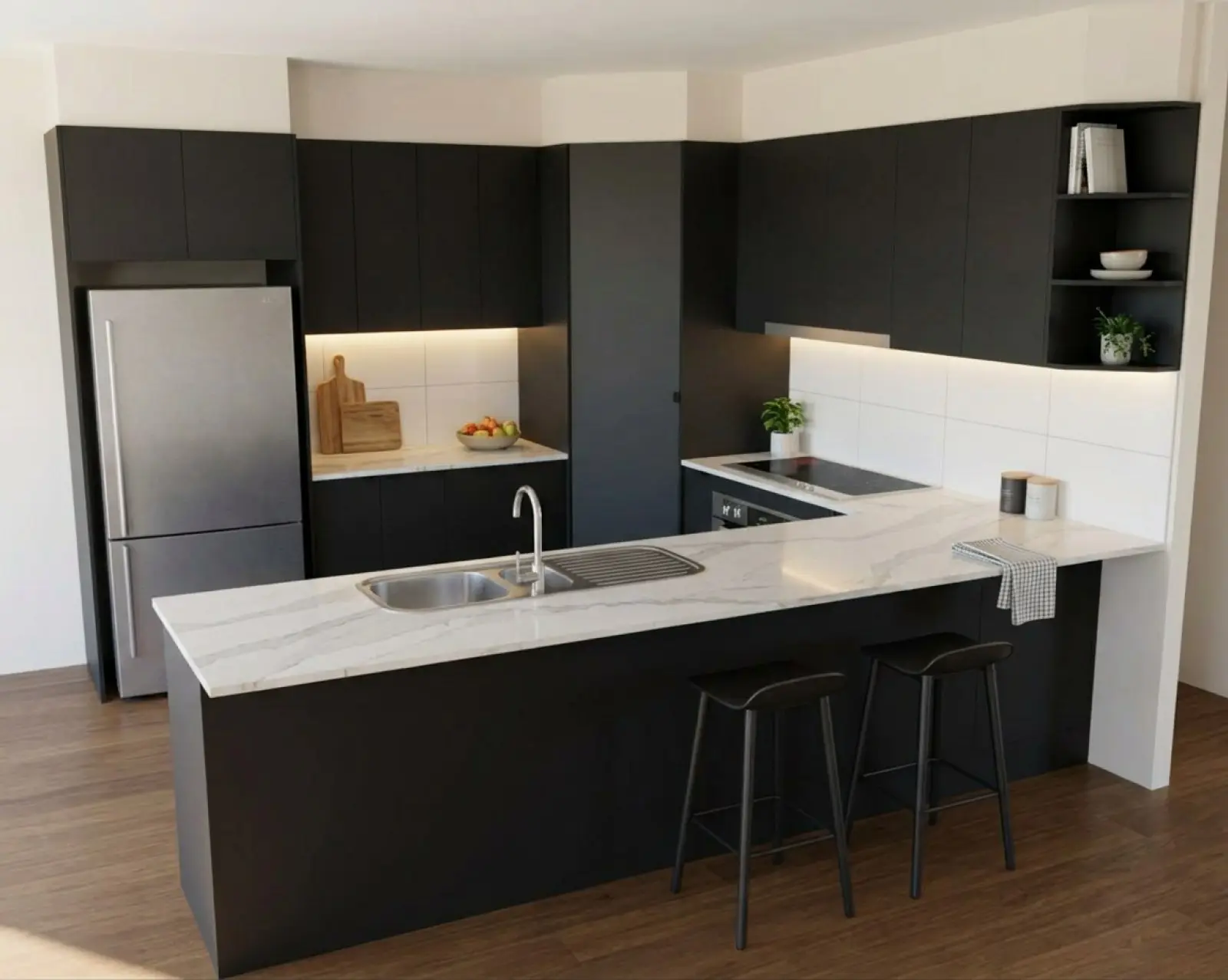 A kitchen render with matte black cabinets