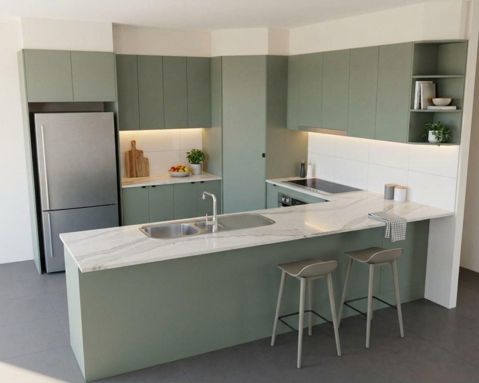 A kitchen render with sage cabinets and the floor in charcoal tile