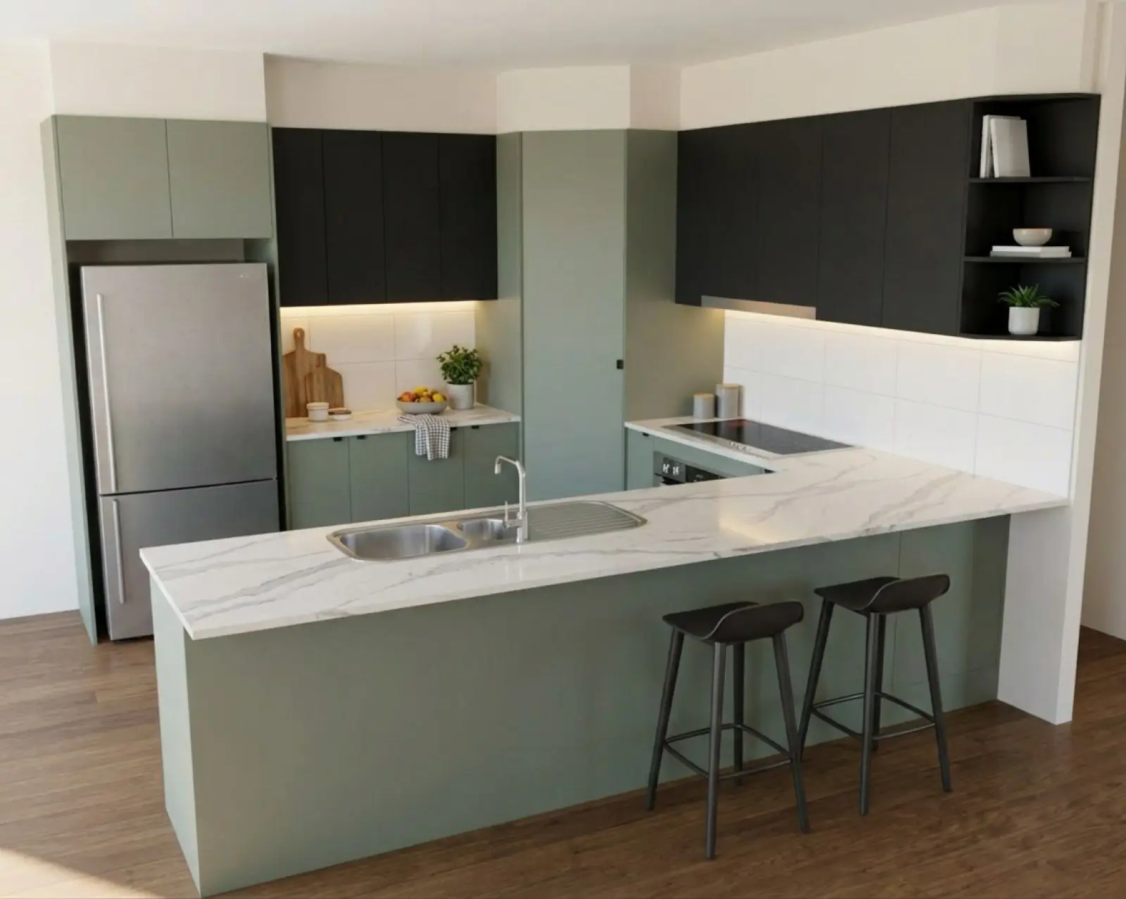 A kitchen render with sage cabinets and the overheads in matte black