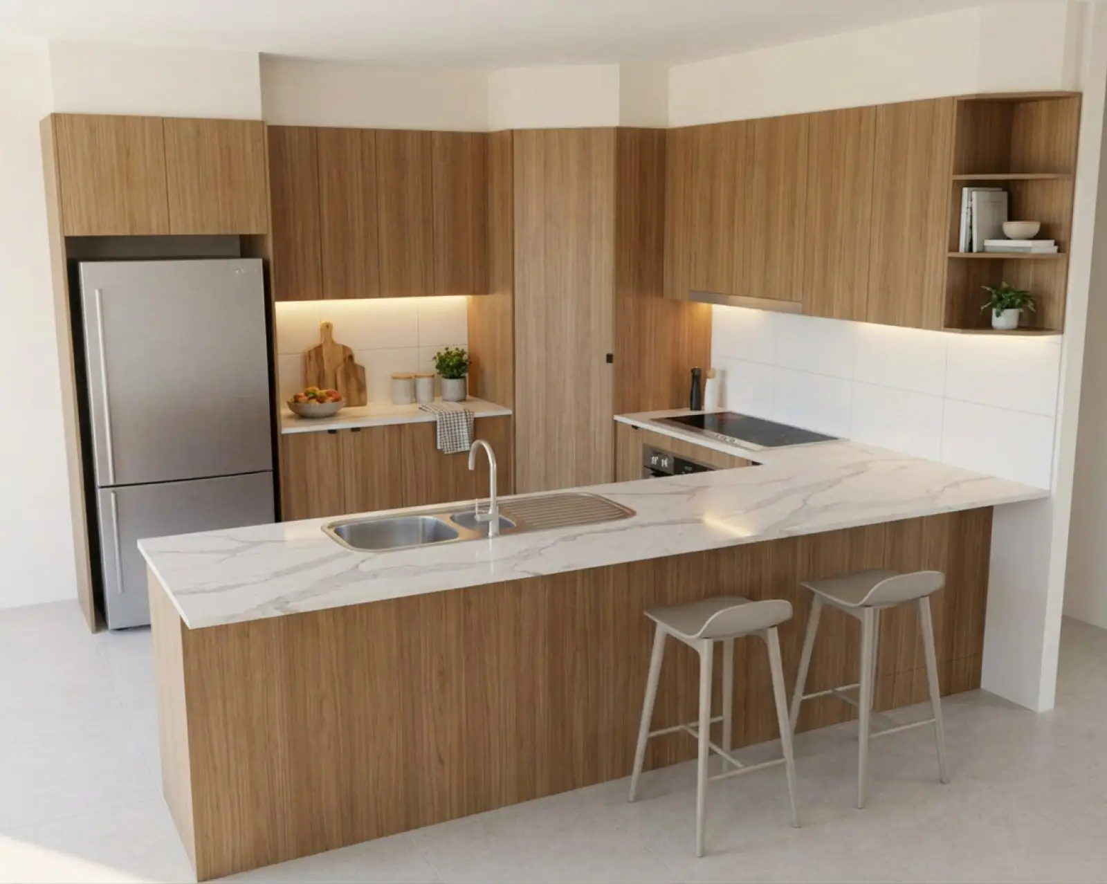 A kitchen render with oak cabinets and the floor in pale stone