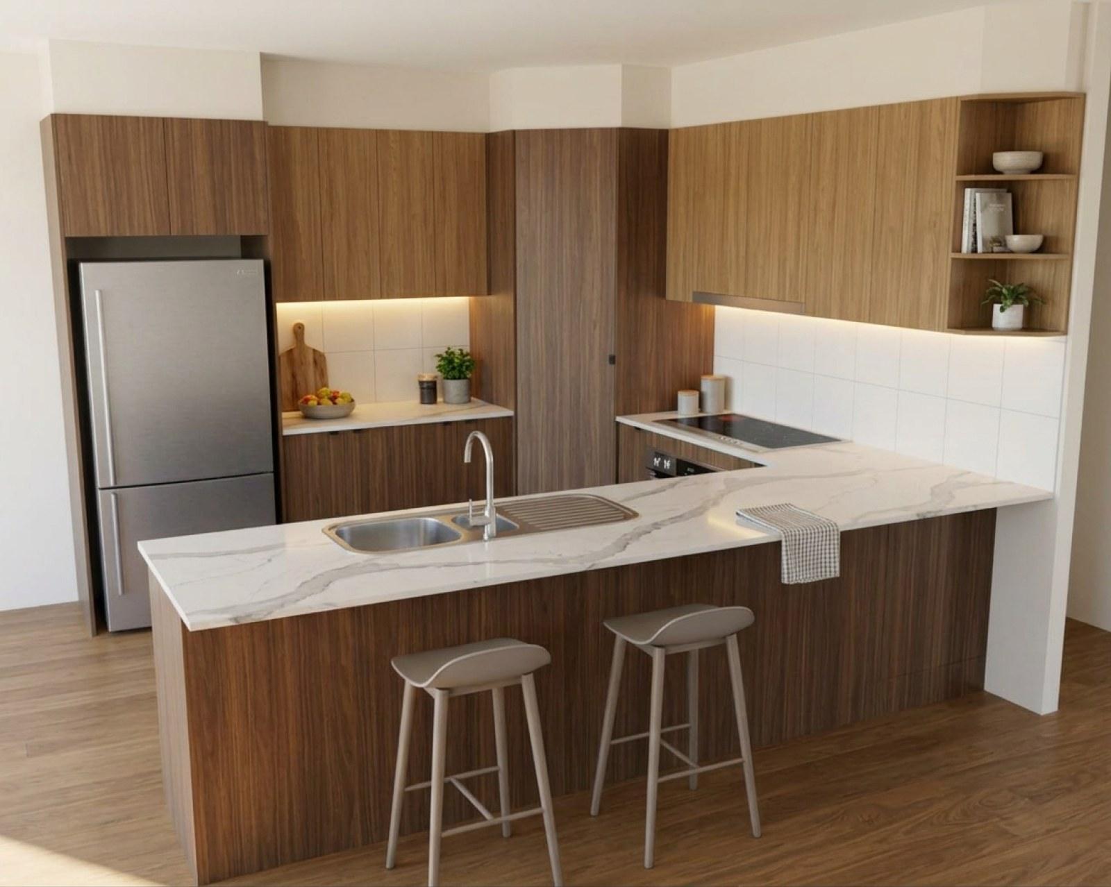 A kitchen render with walnut cabinets and the overheads in oak