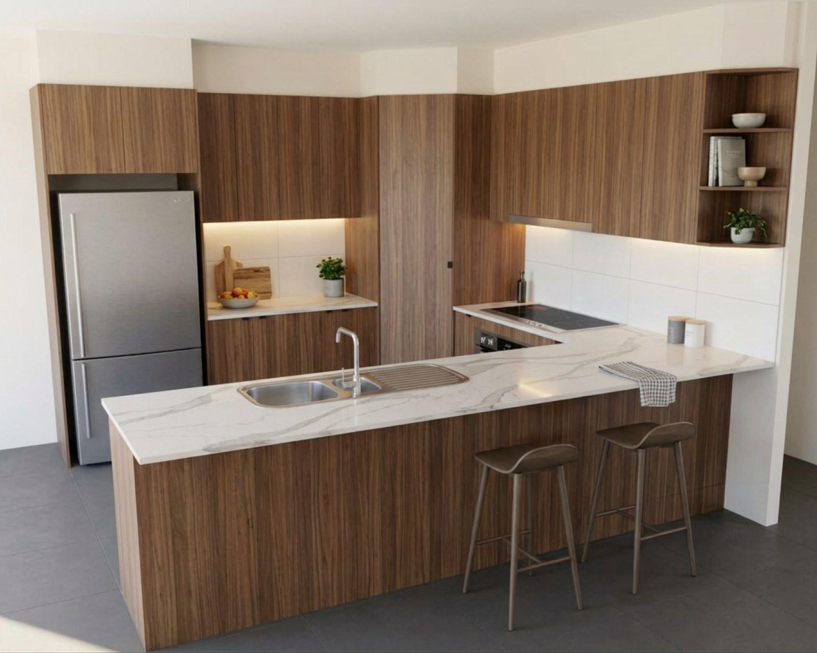A kitchen render with walnut cabinets and the floor in charcoal tile