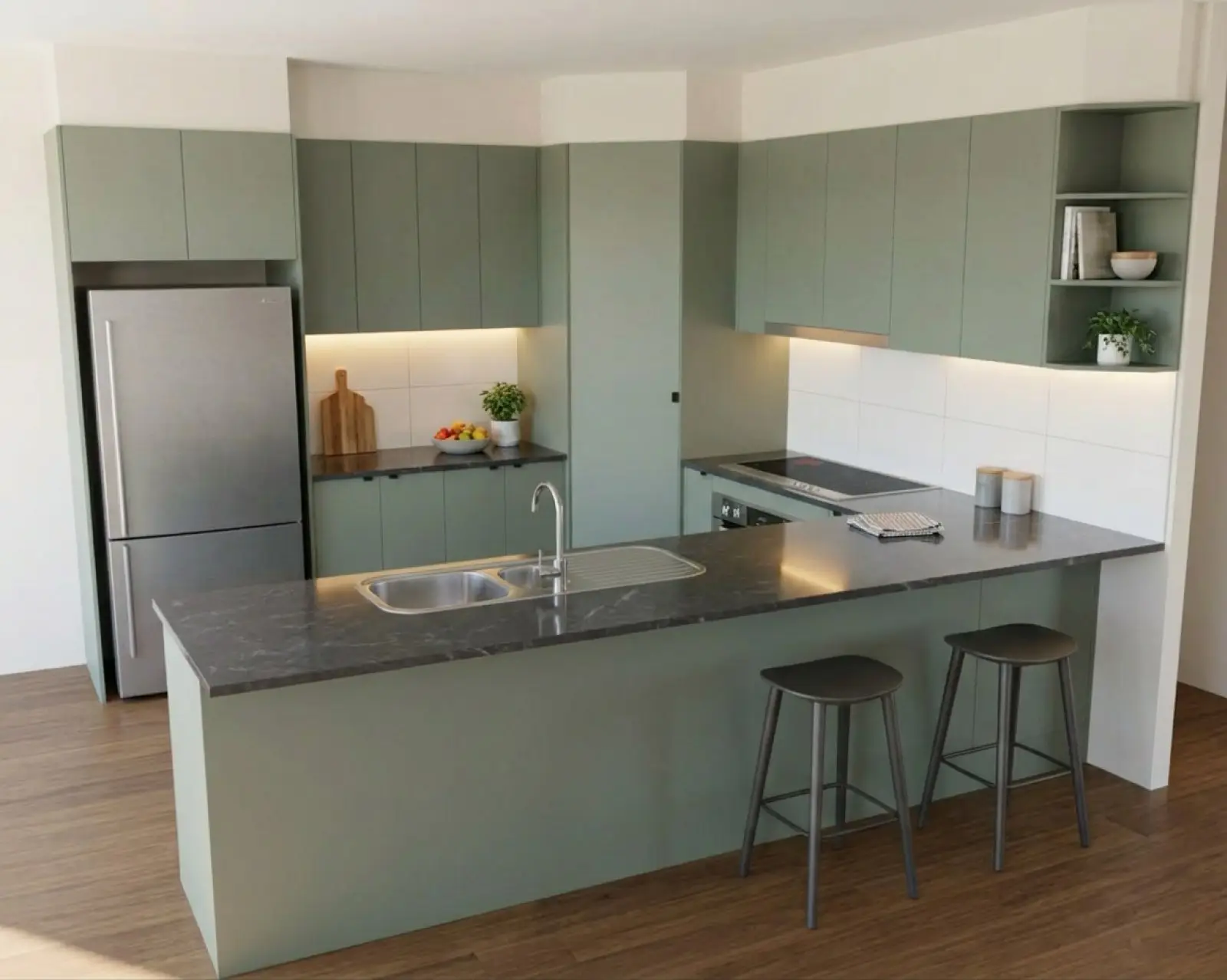 A kitchen render with sage cabinets and the benchtop in charcoal marble