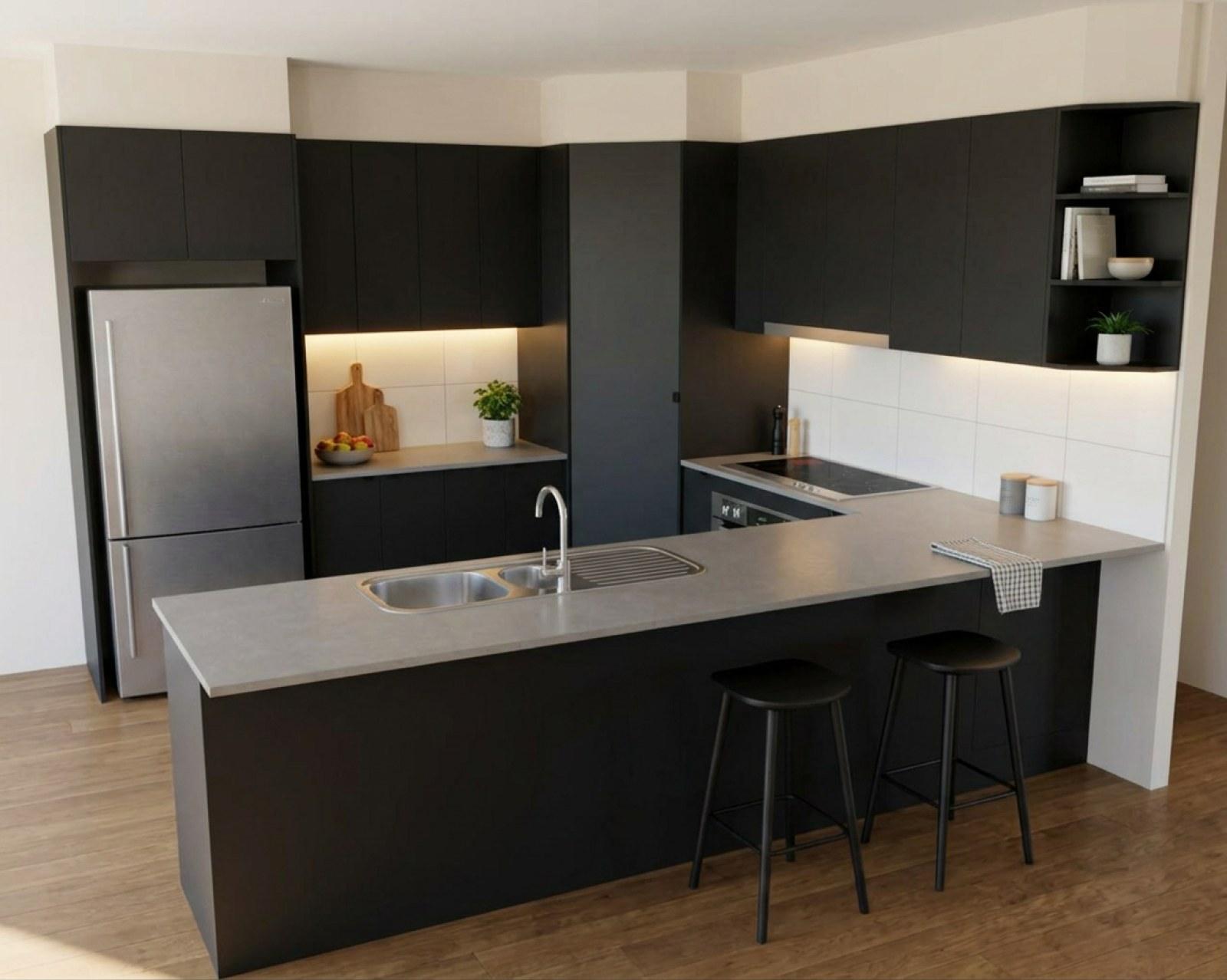 A kitchen render with matte black cabinets and the benchtop in grey stone
