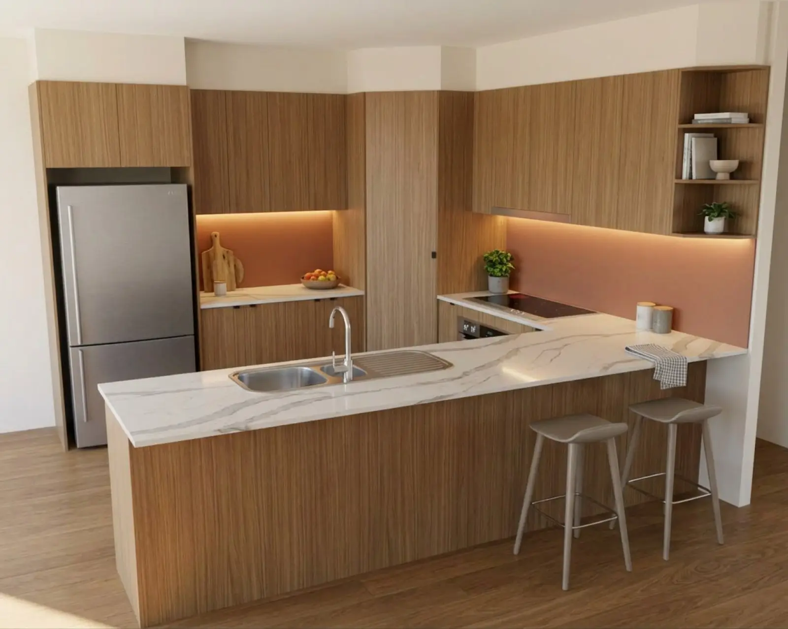 A kitchen render with oak cabinets and the splashback in terracotta