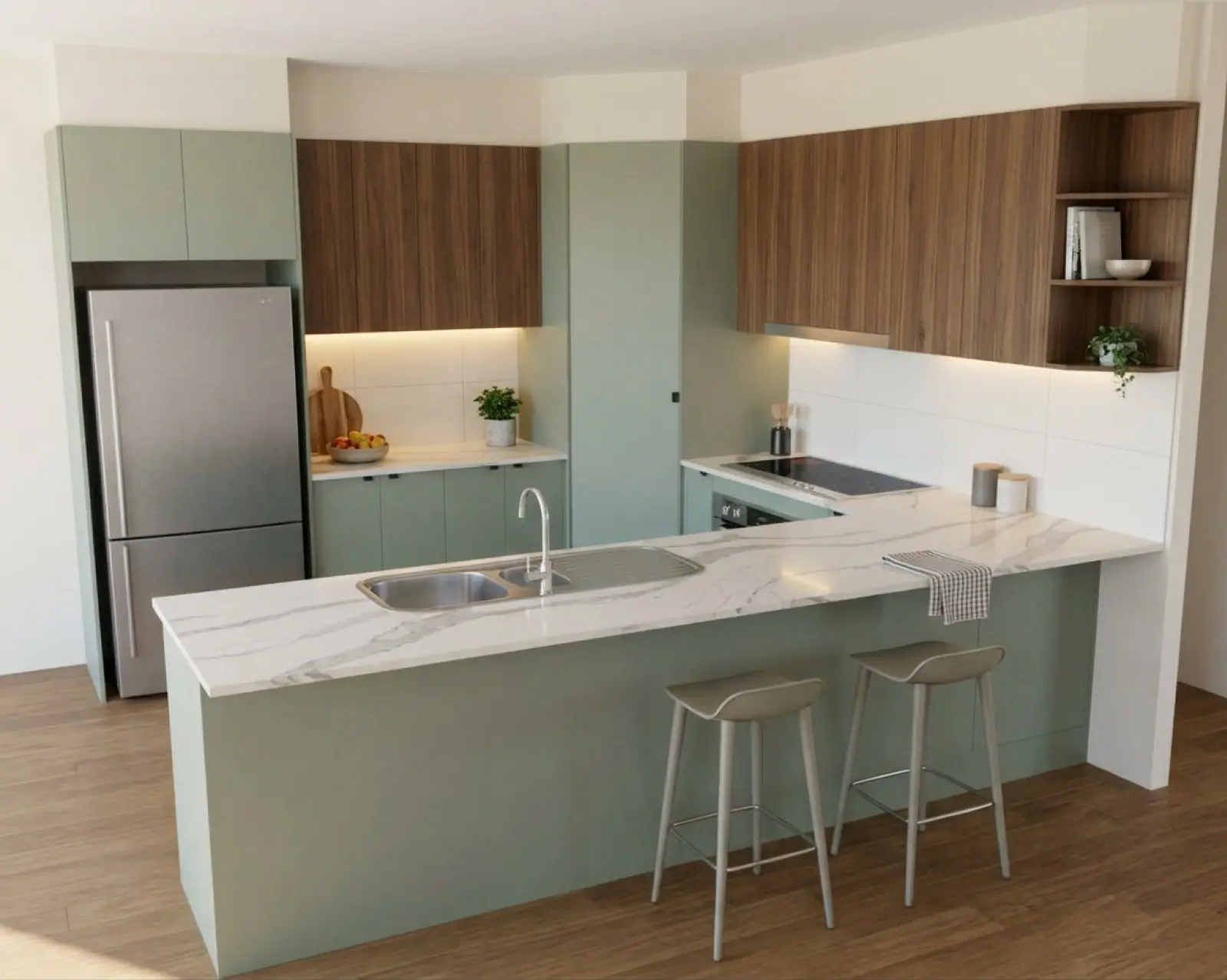 A kitchen render with sage cabinets and the overheads in walnut