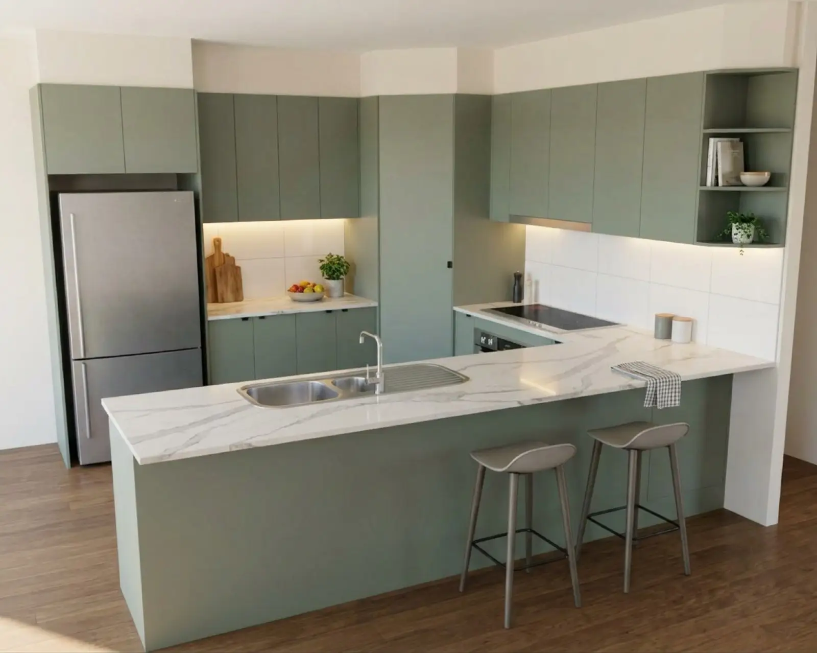 A kitchen render with sage cabinets