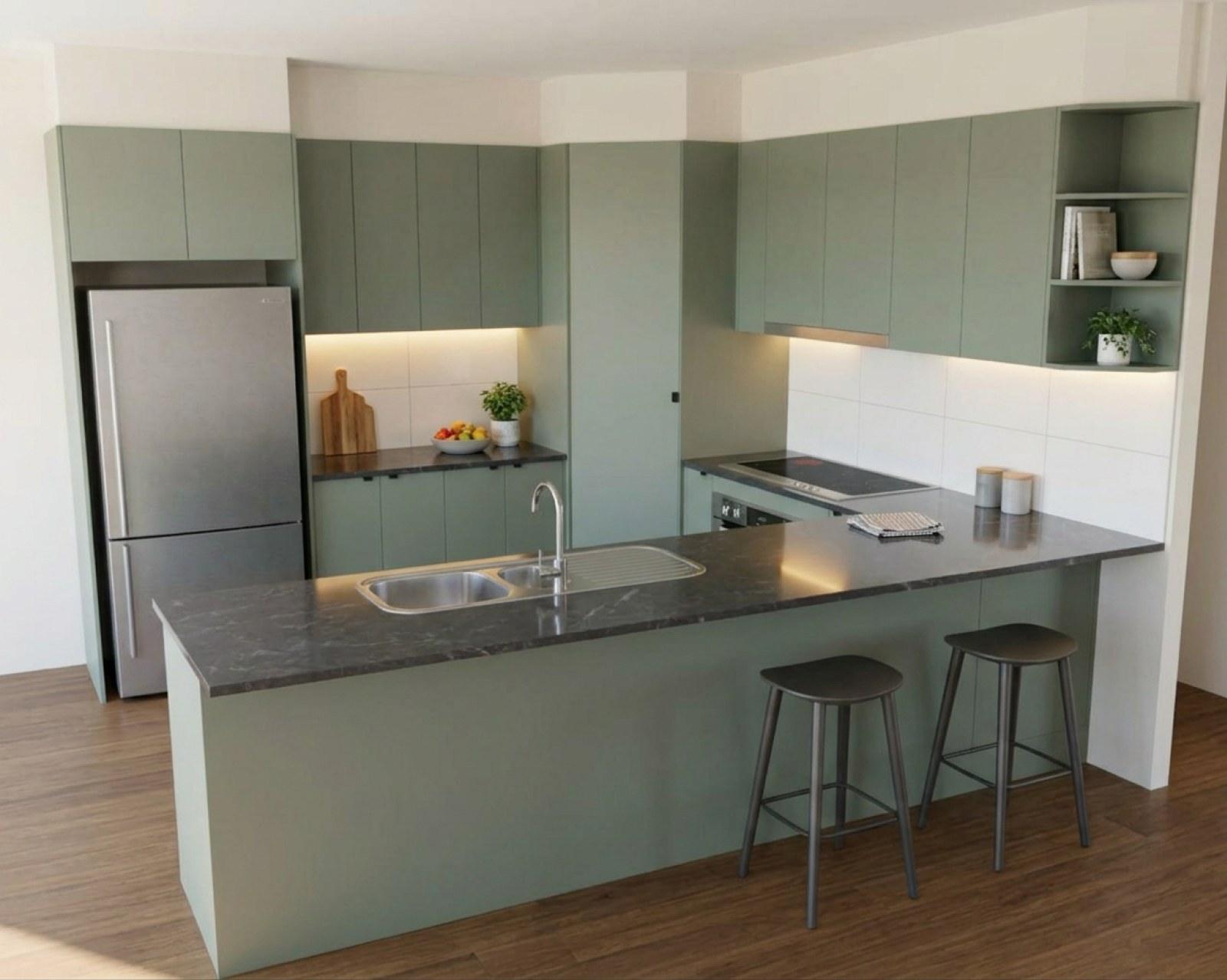 A kitchen render with sage cabinets and the benchtop in charcoal marble
