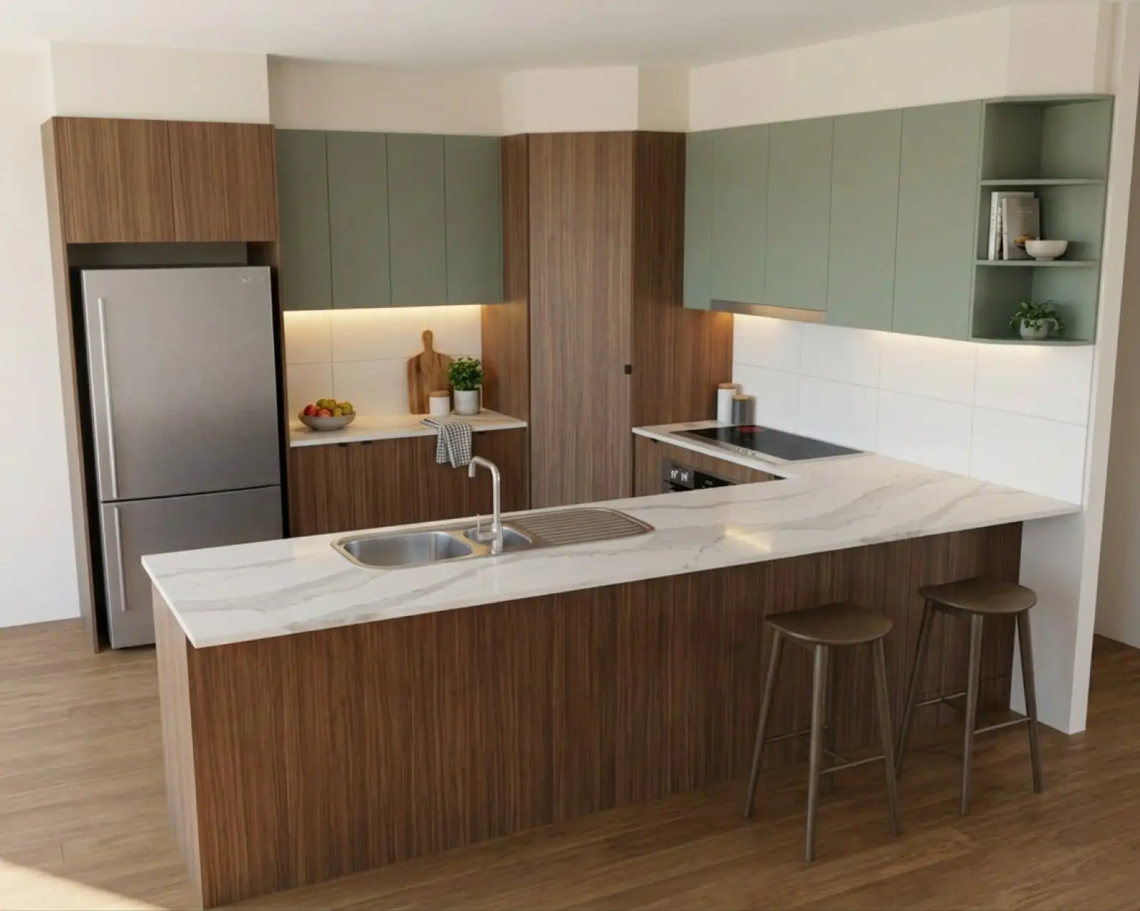 A kitchen render with walnut cabinets and the overheads in sage