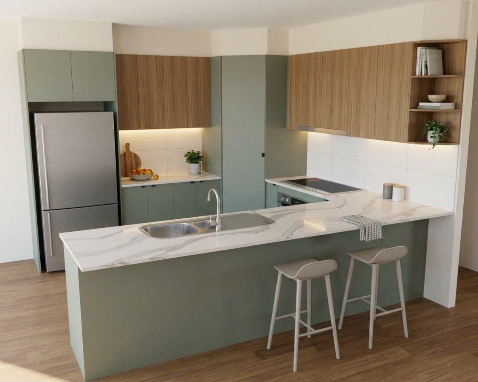 A kitchen render with sage cabinets and the overheads in oak