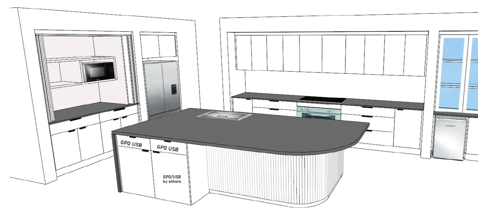 A 3D line drawing of a kitchen with a curved island, as it was uploaded
