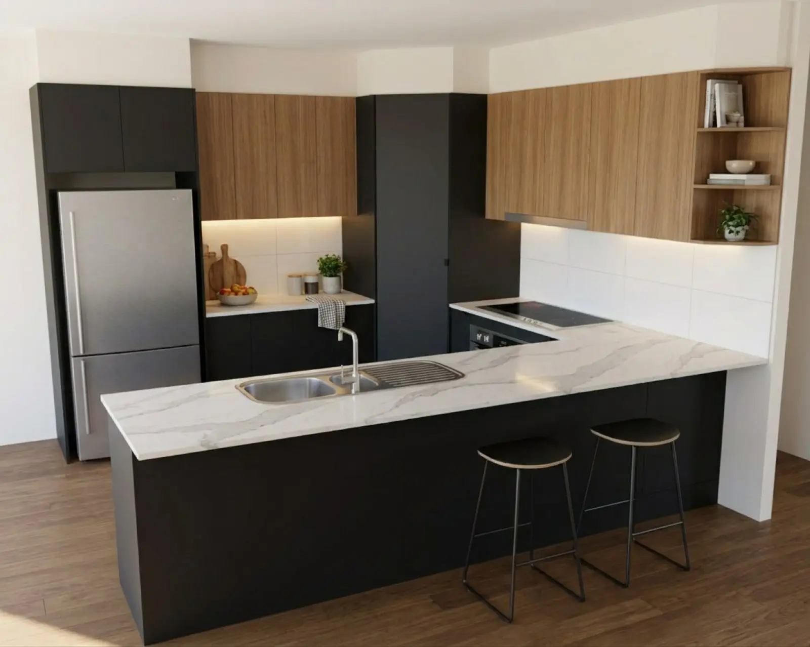 A kitchen render with matte black cabinets and the overheads in oak
