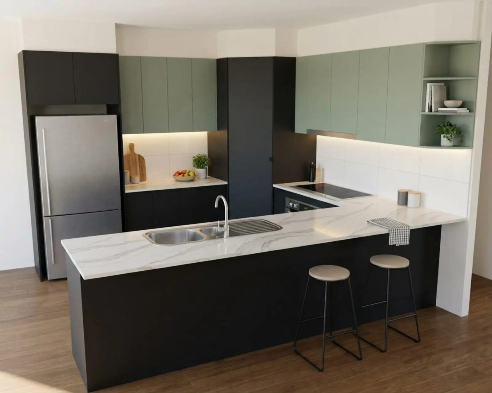 A kitchen render with matte black cabinets and the overheads in sage