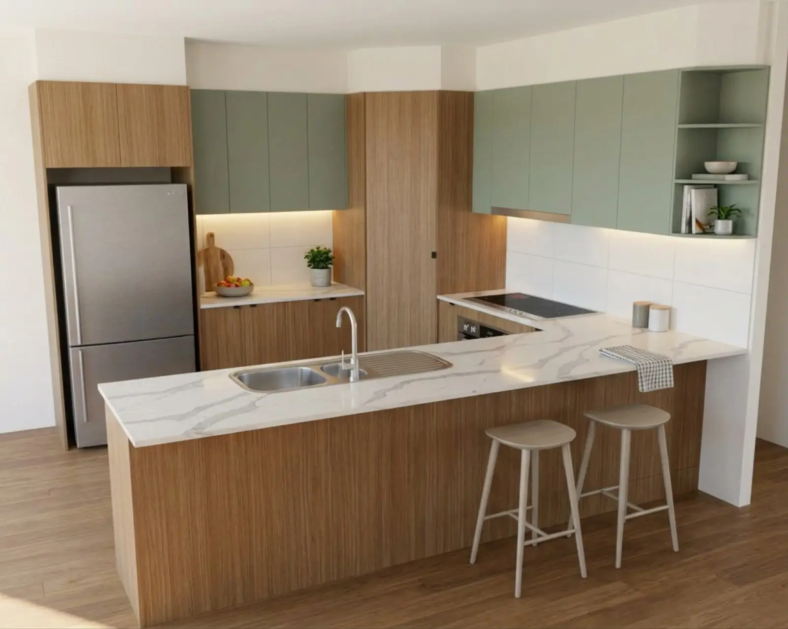A kitchen render with oak cabinets and the overheads in sage