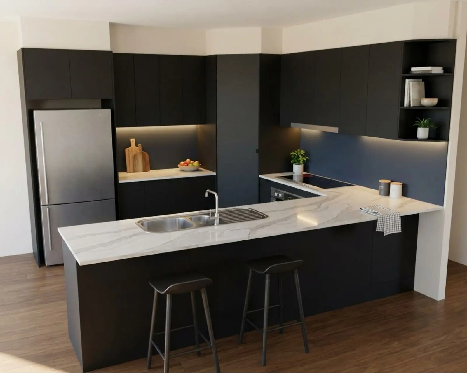 A kitchen render with matte black cabinets and the splashback in navy