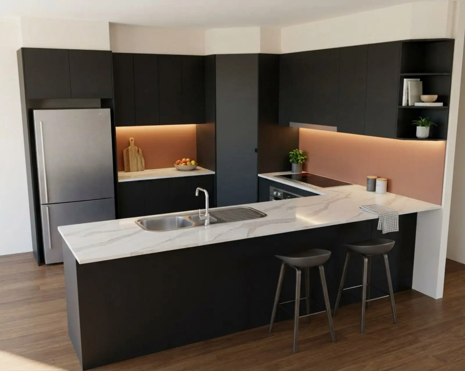 A kitchen render with matte black cabinets and the splashback in terracotta