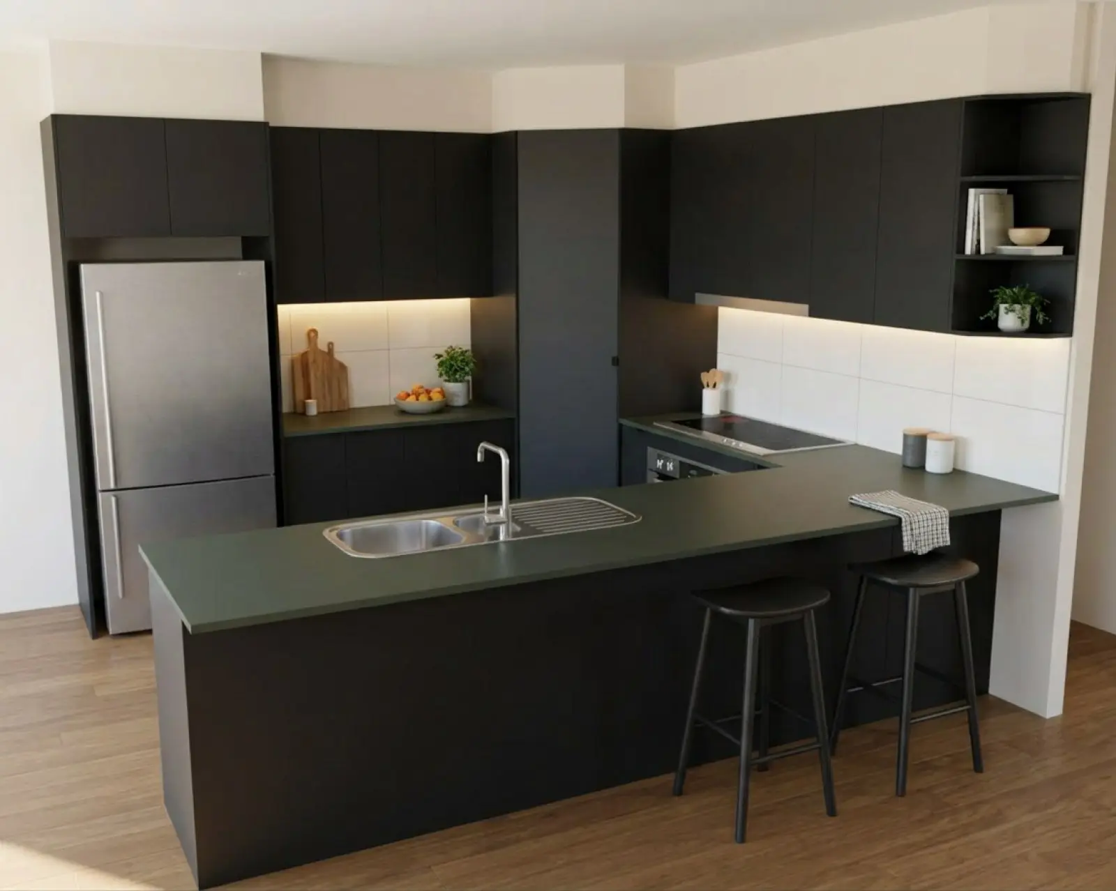 A kitchen render with matte black cabinets and the benchtop in forest green