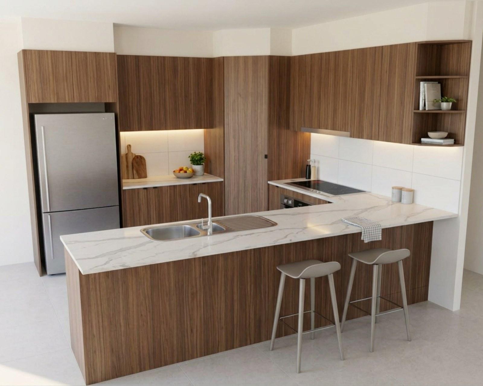A kitchen render with walnut cabinets and the floor in pale stone