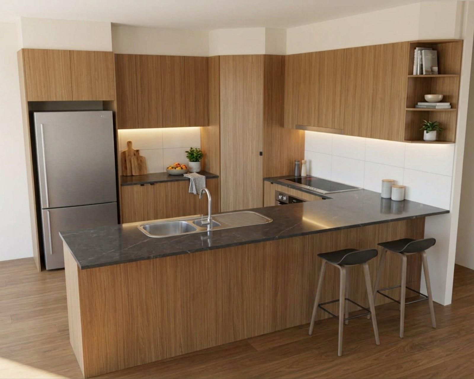 A kitchen render with oak cabinets and the benchtop in charcoal marble