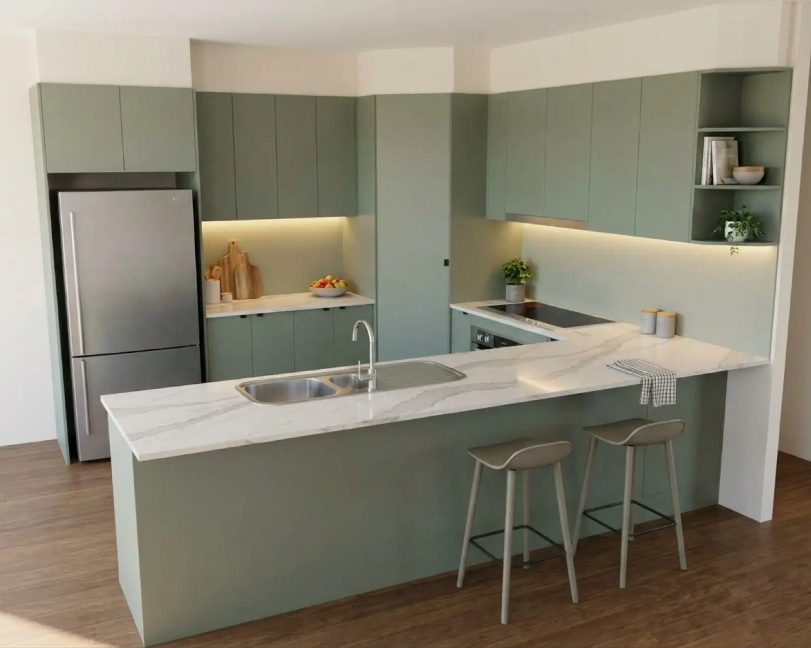A kitchen render with sage cabinets and the splashback in sage