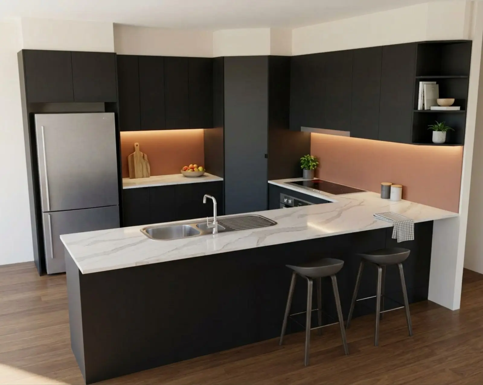A kitchen render with matte black cabinets and the splashback in terracotta