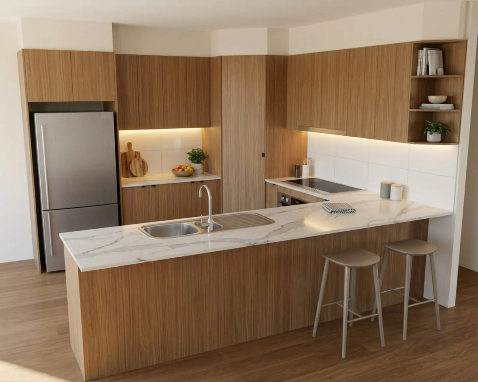 A kitchen render with oak cabinets