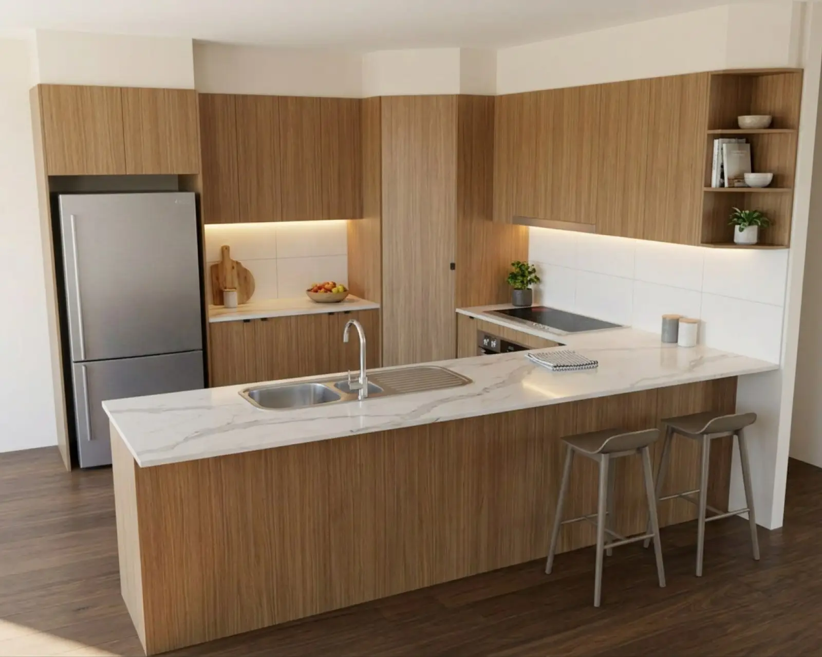A kitchen render with oak cabinets and the floor in smoked oak