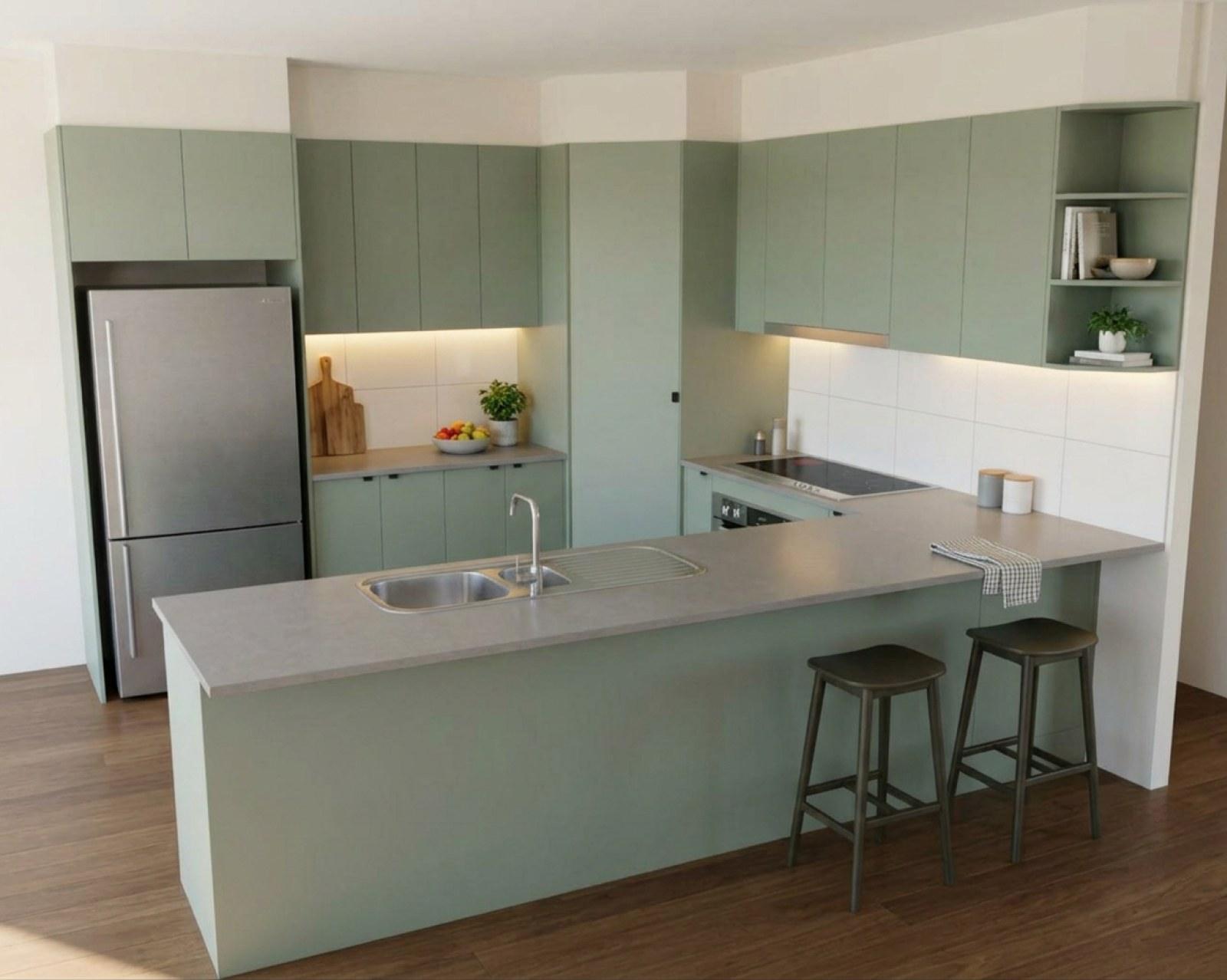 A kitchen render with sage cabinets and the benchtop in grey stone