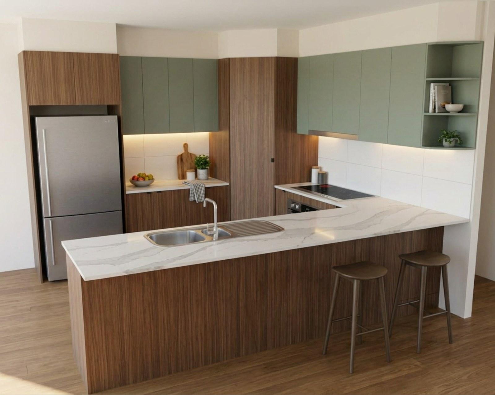 A kitchen render with walnut cabinets and the overheads in sage