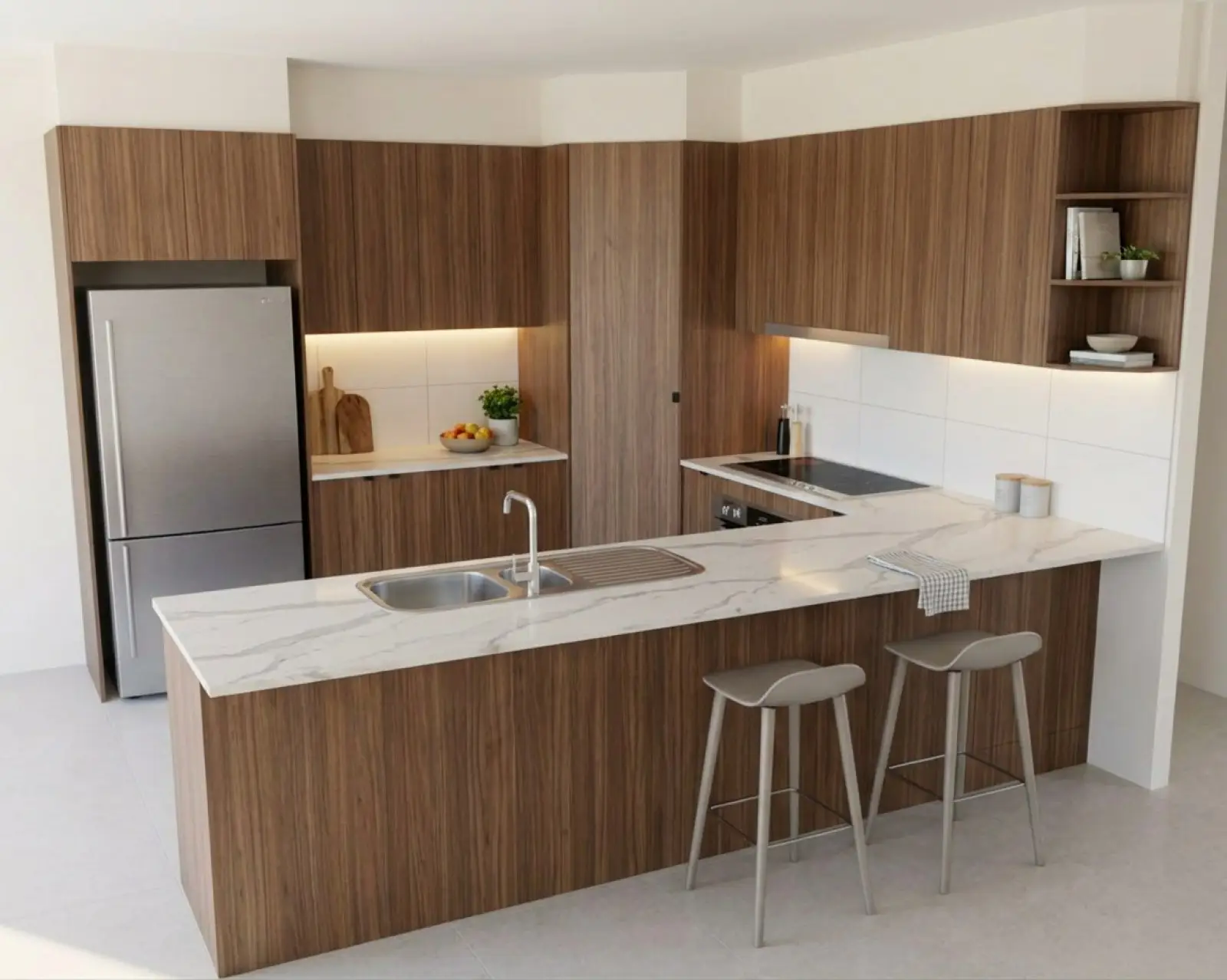 A kitchen render with walnut cabinets and the floor in pale stone