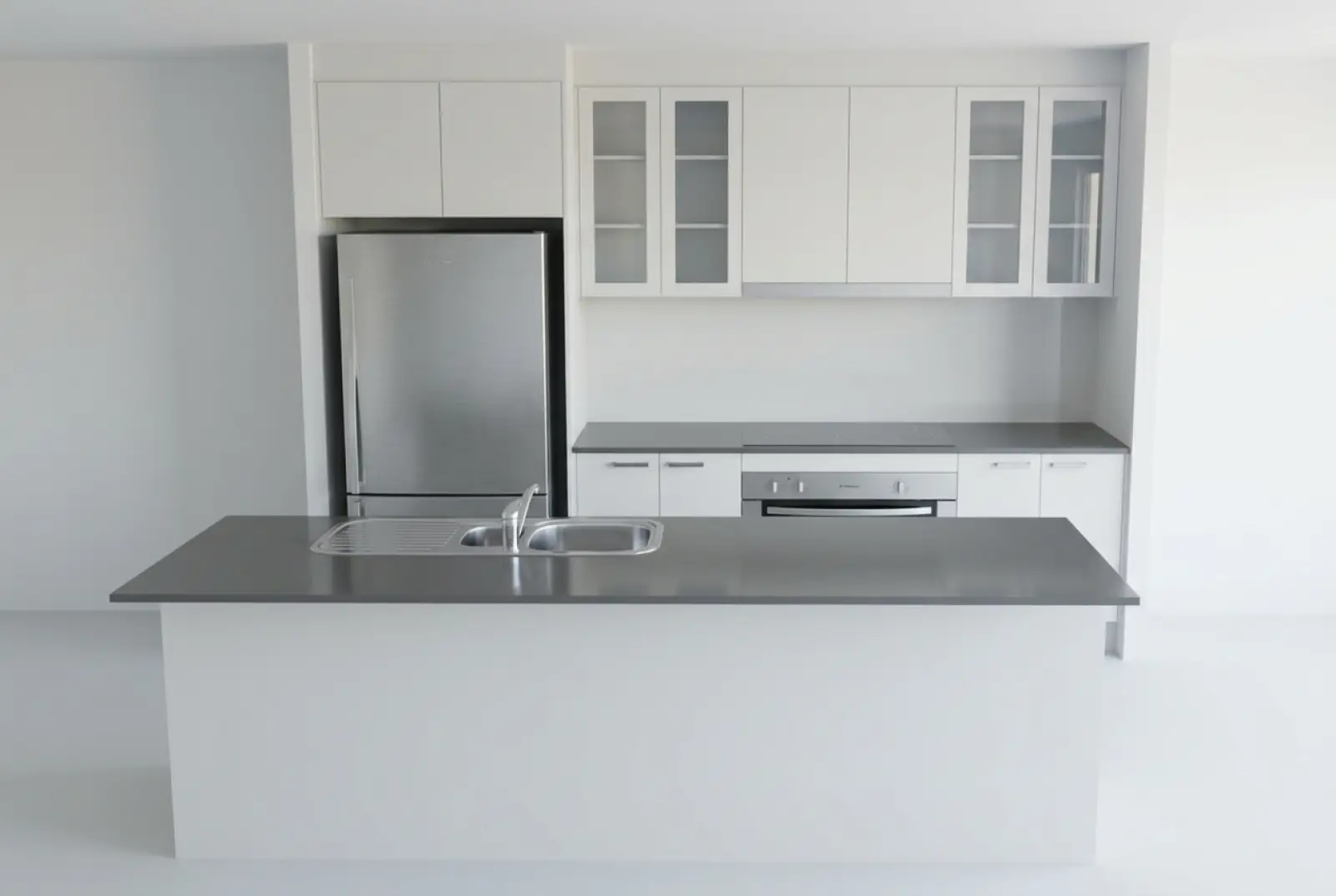 A plain white 3D visual of a galley kitchen with an island, as it was uploaded