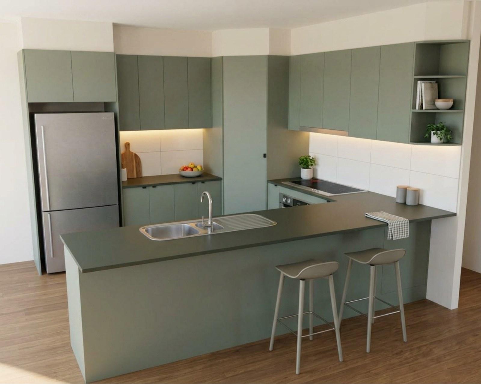 A kitchen render with sage cabinets and the benchtop in forest green