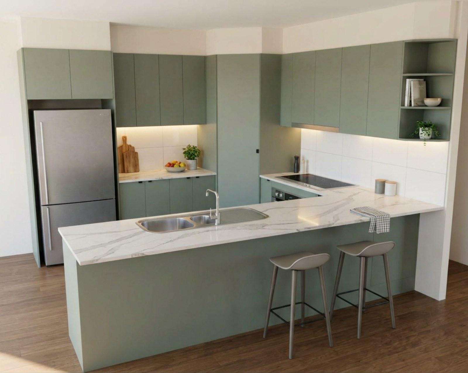 A kitchen render with sage cabinets