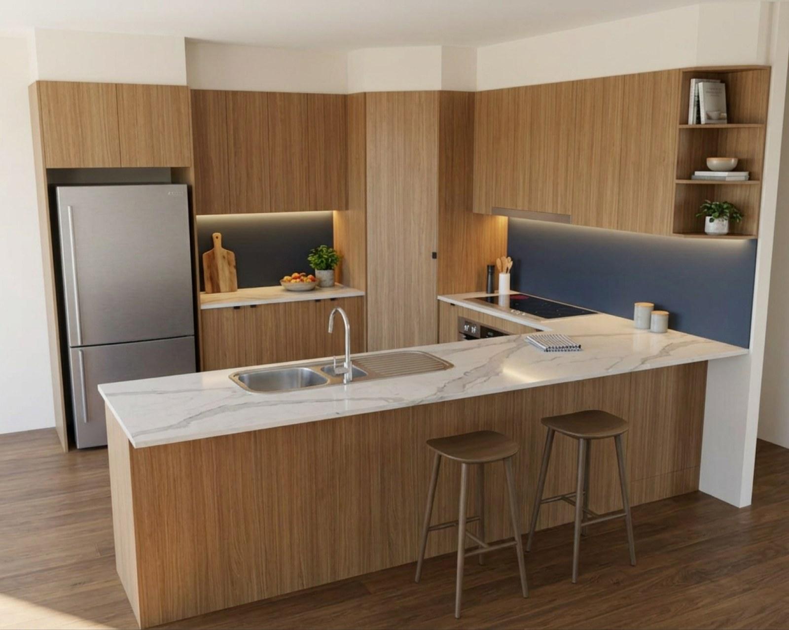 A kitchen render with oak cabinets and the splashback in navy