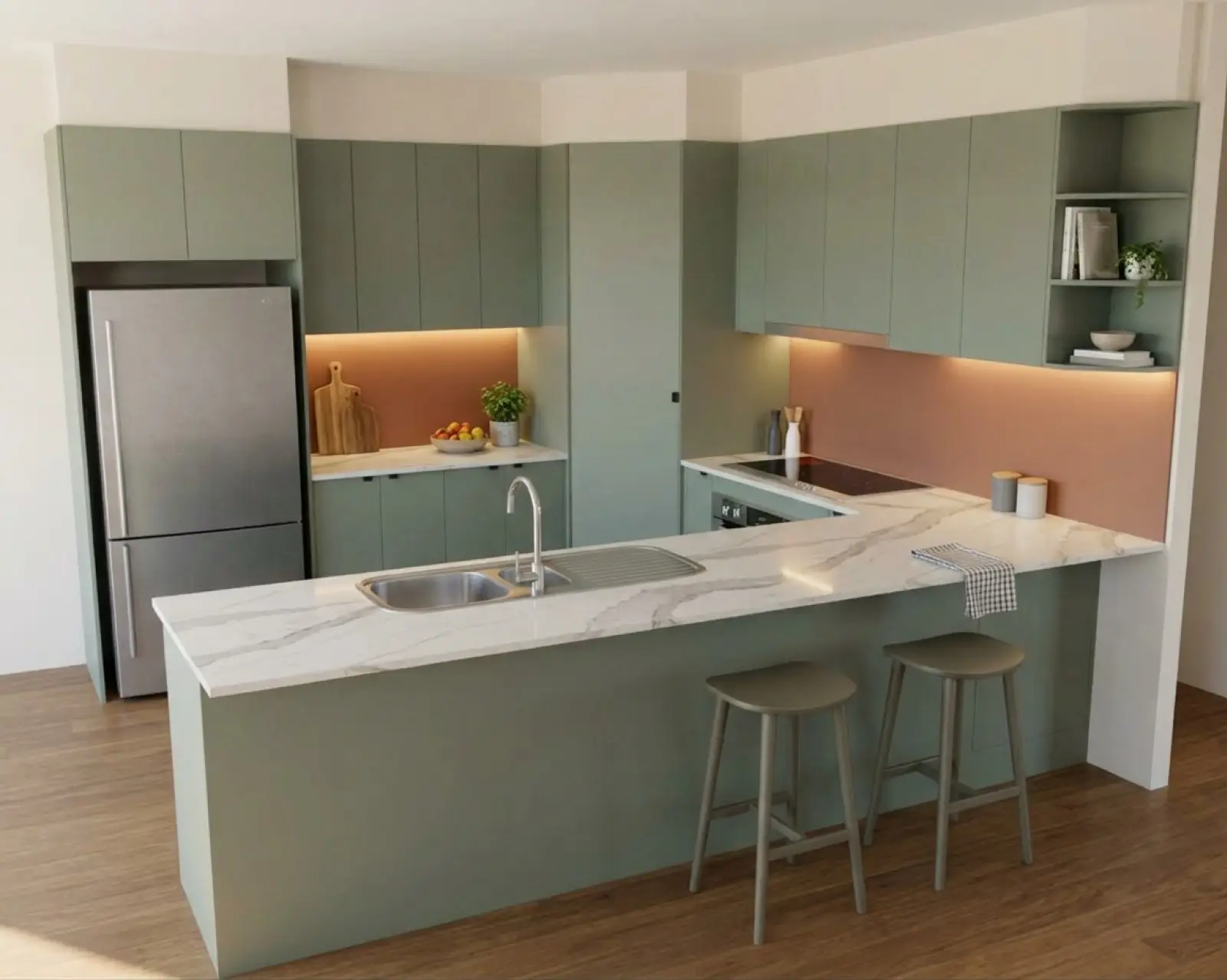 A kitchen render with sage cabinets and the splashback in terracotta